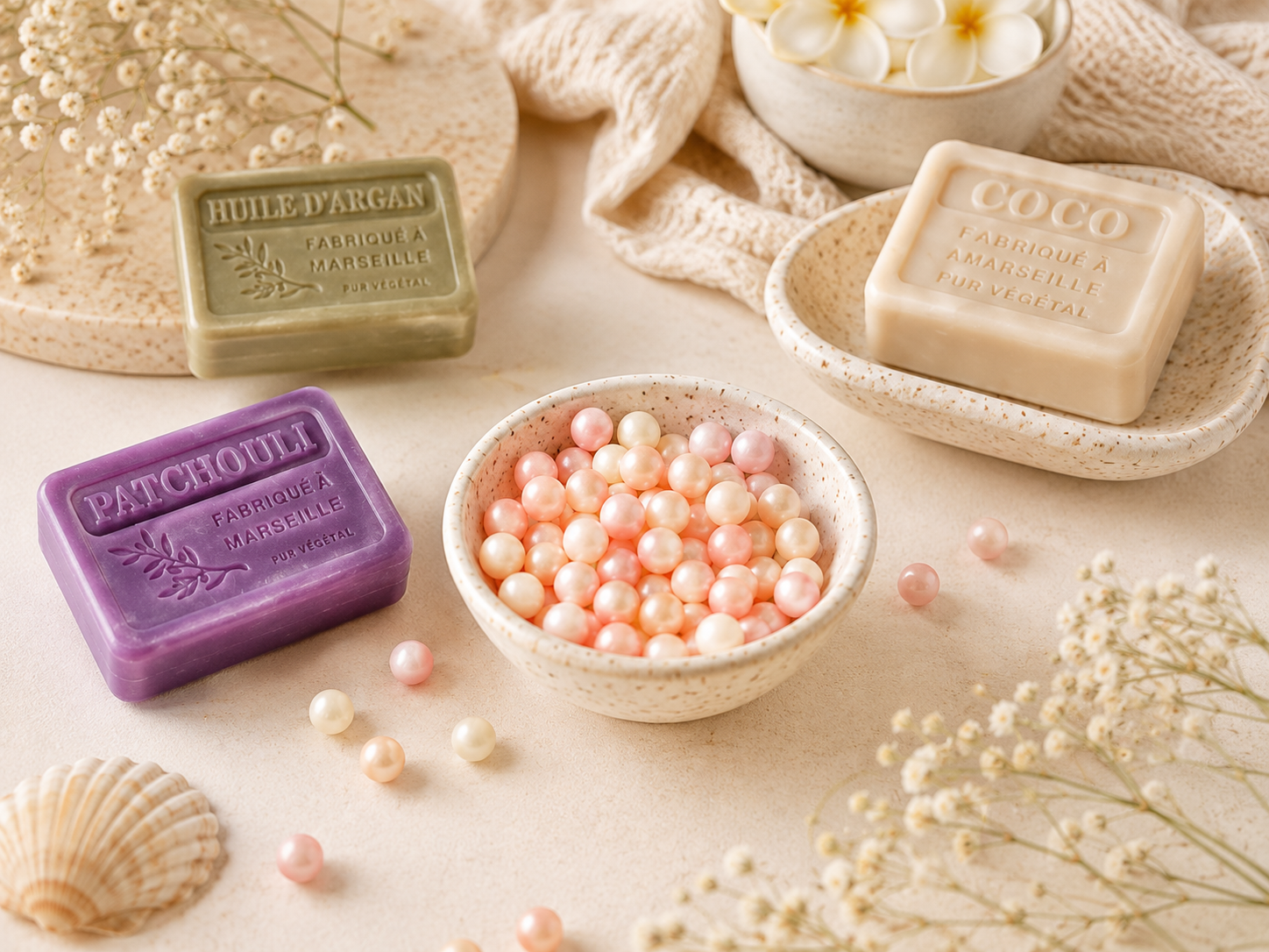 Perles de bain, copeaux de savon de Marseille et savons parfumés